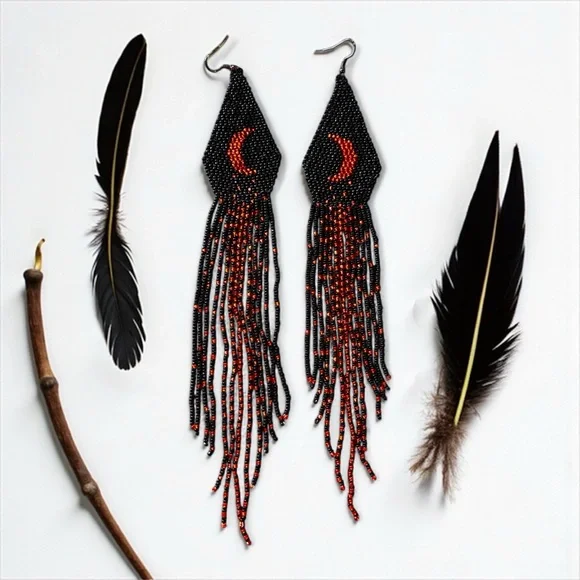 Hand Beaded Black/Red Extra Long Boho Crescent Moon Earrings - Picture 13 of 16